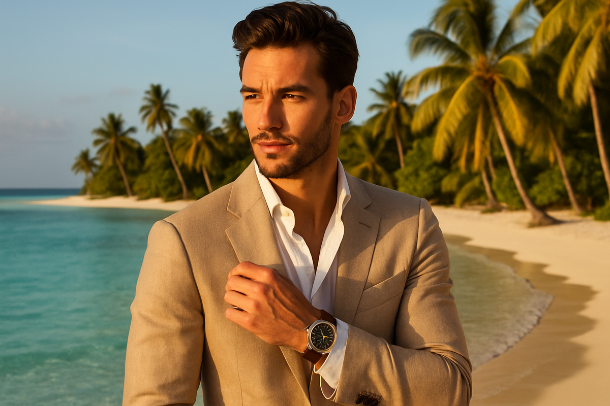 Banner para loja masculina de joias. Foco em relógio e acessórios, sem escrita, apenas uma imagem de um homem bonito em um lugar paradísico usando um relógio bonito, despertando desejo